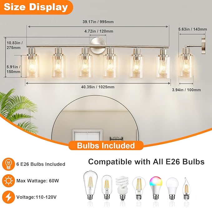DLLT 6-Light Bathroom Light Fixtures: Nickel Modern Vanity Lights with E26 Bulbs - Clear Glass Shade Bathroom Wall Lamp for Mirror Kitchen Living Room Hallway Cabinet Porch