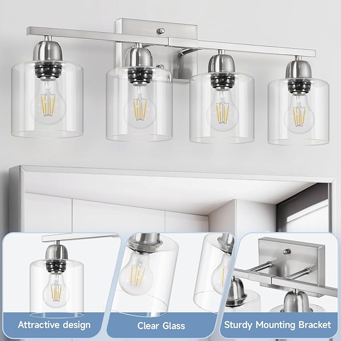 Modern Brushed Nickel 4 Light Bathroom Light Fixtures, 24 inch Vanity Lights for Bathroom with Clear Glass for Mirror Kitchen Living Room Hallway Cabinet Porch