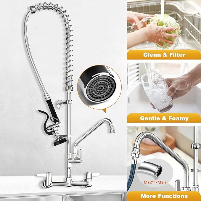 Commercial Faucet with Sprayer,BESTJEEF Commercial Wall Mount Kitchen Sink Faucet with Pre Rinse Sprayer for Kitchen Cook - 47" Height Faucet with 8" Center and 12" Add-On Spout