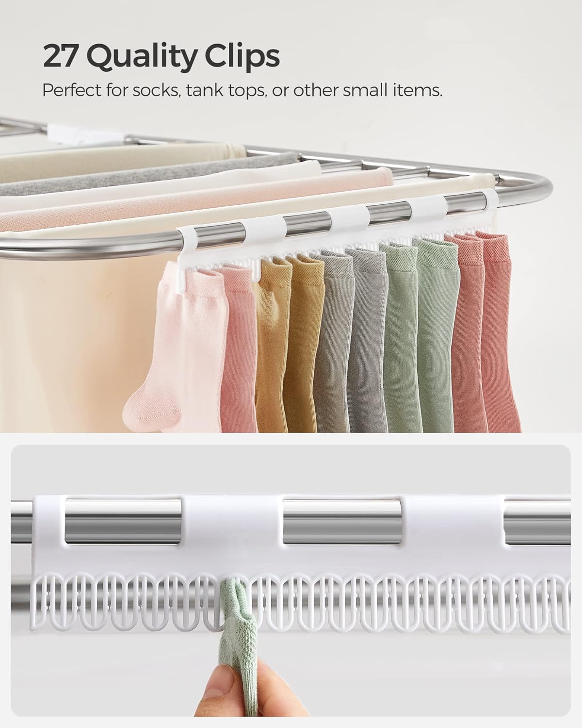 SONGMICS Clothes Drying Rack, Foldable 2-Level Laundry Drying Rack, Free-Standing Laundry Airer, with Height-Adjustable Wings, 33 Drying Rails, Sock Clips, Silver and White ULLR053W01V1