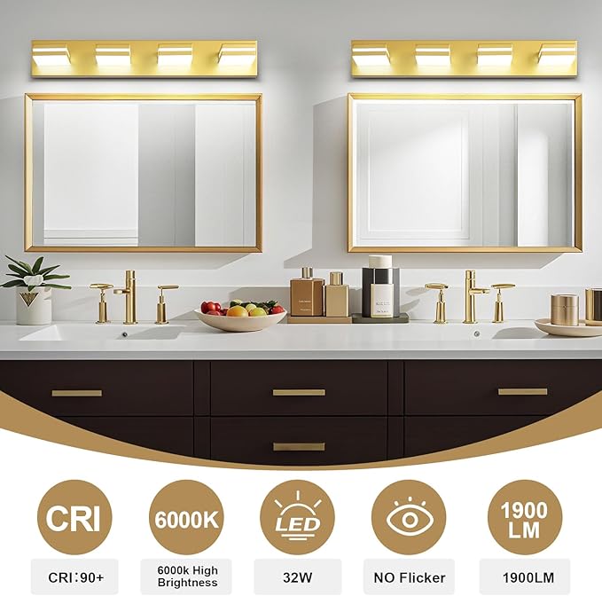 Modern LED Bathroom Lights Fixtures(4-Light),Metal Gold Acrylic Wall Lighting,Vanity Lights for Bathroom Over Mirror(6000k 27In