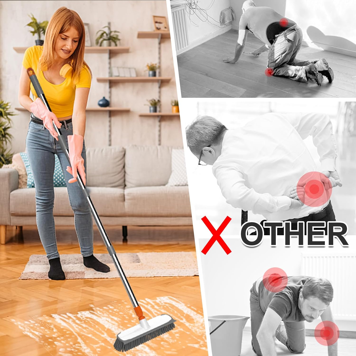 Floor Scrub Brush with Long Handle, Stiff Bristles Deck Brush, BITOPE Multi-Purpose Heavy Duty Hardwood Floor Scrubber, Cleaning Concrete Balcony Patio Garage Outdoor/Indoor