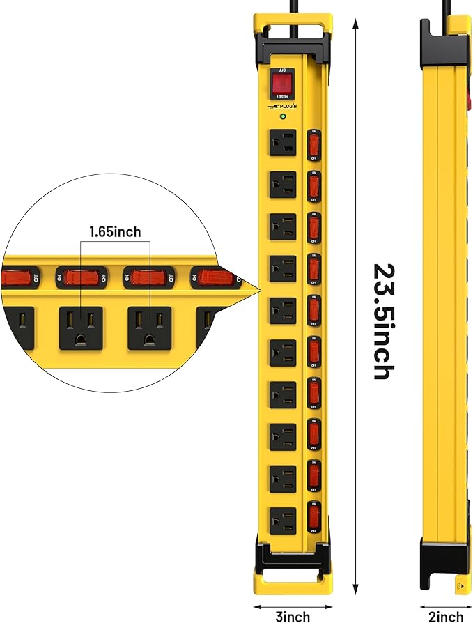 Plug'n 10 Outlet 3300J Surge Protector Power Strip with Individual Switches,Heavy Duty Metal Power Strip with Cord Manager,3FT/14AWG/15AMP/1875W Power Cord for Workshop,Garage