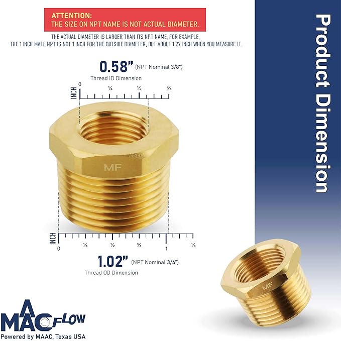 MAACFLOW brass 3/4" Male NPT to 3/8" Female NPT Adapter Reducer Hex Bushing (Thread OD1.02" - ID 0.58") (pack of 2)