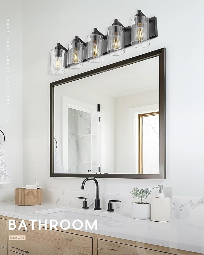 5-Light Bathroom Light Fixtures, 30 Inch Black Vanity Light with Cylinder Clear Glass Shade, Modern Vanity Lighting Fixtures Over Mirror, VL143-MB-5