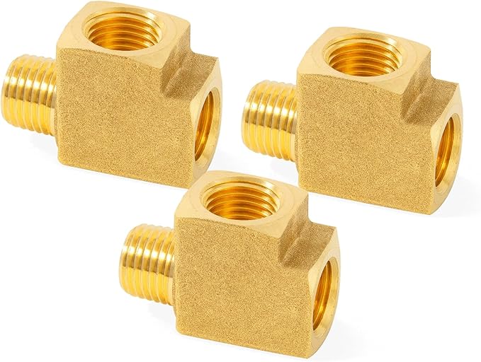 ChillWaves Brass Pipe Fitting, Barstock Male Run Tee 1/4" NPT Female x 1/4" NPT Female x 1/4" NPT Male Thread Adapter(3-PACK)