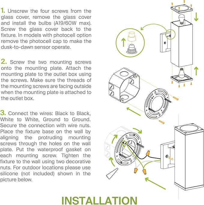 ASD 2 Light Square Dusk to Dawn Outdoor Wall Light Fixture | 120W E26 Bulb Socket 120V ETL Cylinder Up Down Lights | LED/CFL/Incandescent Bulb Wall Sconce | Front Door, Porch, Patio | Black