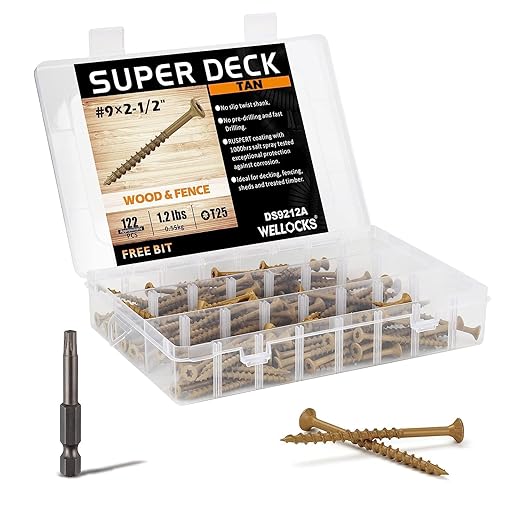 WELLOCKS Deck Screws, Wood Screws, Tan, Superior Rust Resistant, Epoxy Coated, Above 1000 Hour Salt Spray Coating T25 Torx Star Bit Included for Outdoor Wood Fence (1.2LBS Tan, #9×2-1/2")