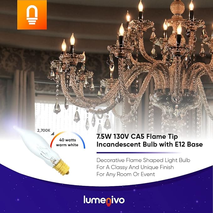 lumenivo 7.5 Watt Light Bulbs 120V/130V Bent Tip Candelabra, Flame Tip Chandelier Bulbs, Flame Shaped Light Bulbs Standard Base – Replacement Christmas Candle Tip Incandescent E12 Bulbs – 4 Pack
