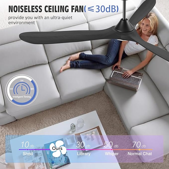 52" Black Outdoor Ceiling Fan with Light, Alexa Smart Ceiling Fan with Light Remote 3 Wood Blade Quiet Reversible DC Motor, Large Airflow Damp-rated Indoor Exterior Ceiling Fans for Patio Porch Gazebo