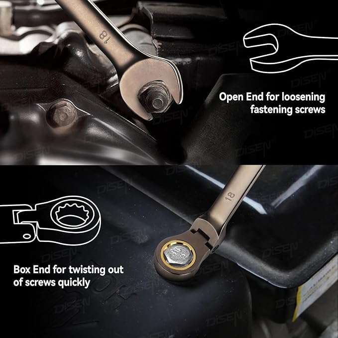 DISEN 12 Pcs Flex Head Ratcheting Wrench Set 90 Teeth, Metric Combination Ratchet Wrenches Set 8-19MM, Nickel Plating Cr-VSteel with Organizer Rack