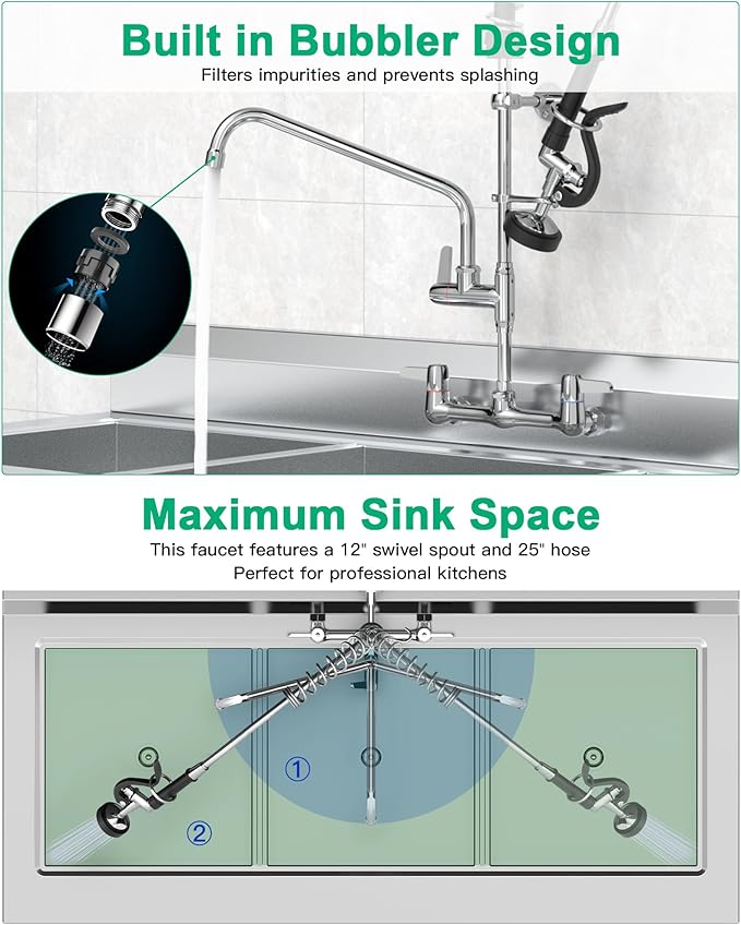 Commercial Sink Faucet with Pre-Rinse Sprayer -Height Adjustable (25-32 inch) Wall Mount Industrial Kitchen Faucet 8 inch Center with Pre-Rinse Sprayer and 12 Inch Swivel Spout