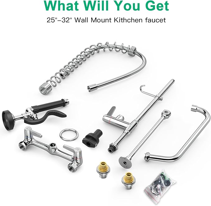 Commercial Sink Faucet with Pre-Rinse Sprayer -Height Adjustable (25-32 inch) Wall Mount Industrial Kitchen Faucet 8 inch Center with Pre-Rinse Sprayer and 12 Inch Swivel Spout