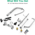 Commercial Sink Faucet with Pre-Rinse Sprayer -Height Adjustable (25-32 inch) Wall Mount Industrial Kitchen Faucet 8 inch Center with Pre-Rinse Sprayer and 12 Inch Swivel Spout