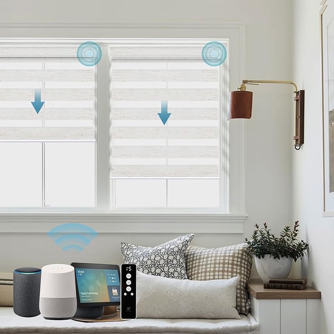 SmartWings Motorized Zebra Shades Work with HomeKit, Alexa, Google Home, 85% Blackout Light Filtering Day Night Sheer Blinds, Privacy Light Control, for Home/Office, Customized, Linen White