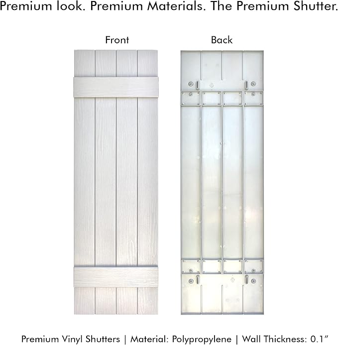 Board & Batten Vinyl Shutters (1 Pair) | 14.5"x31" (4-Board) - Dover White/Paintable | Exterior Window Shutters | Includes Mounting Hardware | Simple Installation | Made in USA