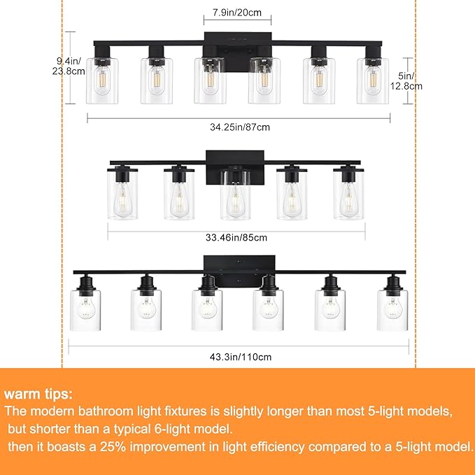 Black Bathroom Light Fixtures, 6-Light Bathroom Lighting Fixtures Over Mirror with Clear Glass Shade, Matte Black Vanity Lights, 6 Light Count Large Vanity Light Fixture for Bath, Mirror,Wall Sconce