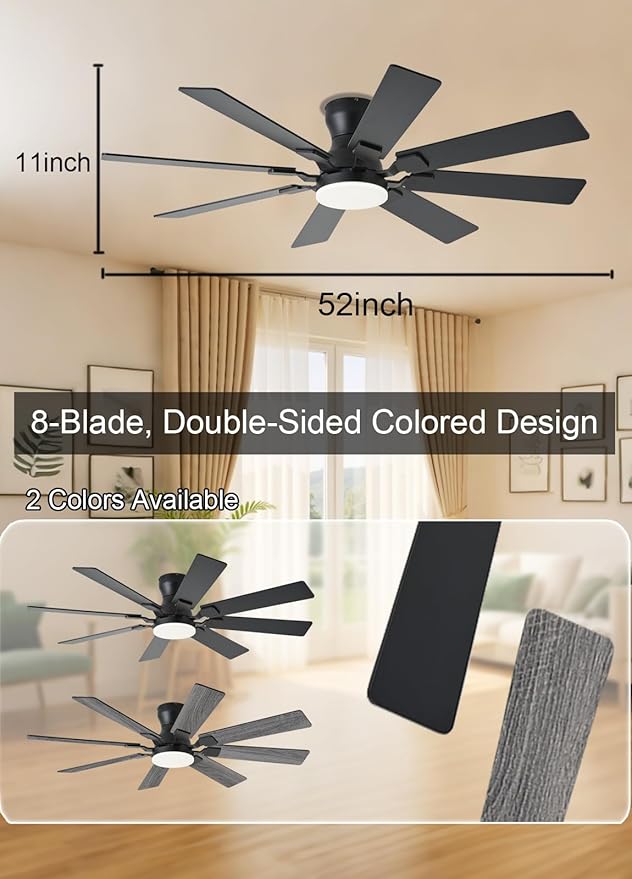 52 inch Ceiling Fan with Light, 6 Speeds Reversible Low Profile Ceiling Fan with Light and Remote/APP Control, 3 Color Temp+Dimmable RGB, 8 Blades, Flush Mount Quiet Ceiling Fans, Black
