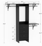 YOUDENOVA 5FT Wood Closet System with 3 Drawers, 59 Inches Wood Closet Organizer System, Walk-in Closet Built In System Tower with Shelves, Closet Wardrobe Clothes Garment Rack, Black