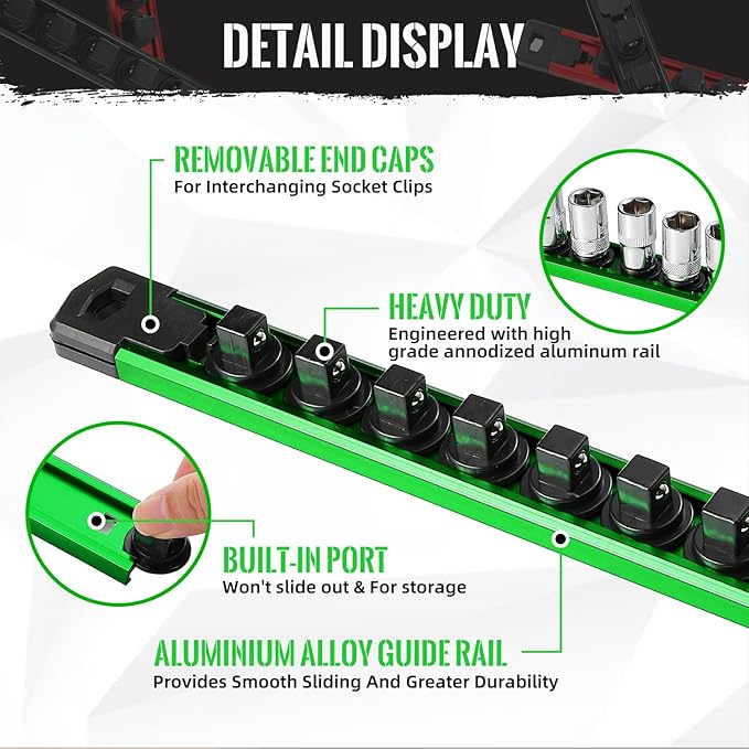 Magnetic Socket Organizer, 1-Piece Heavty Duty Aluminum Socket Holder, Socket Rail for Tool Box, Premium Quality 360° Swivel Socket Rack with 12 Clips for 1/2-Inch(Green)