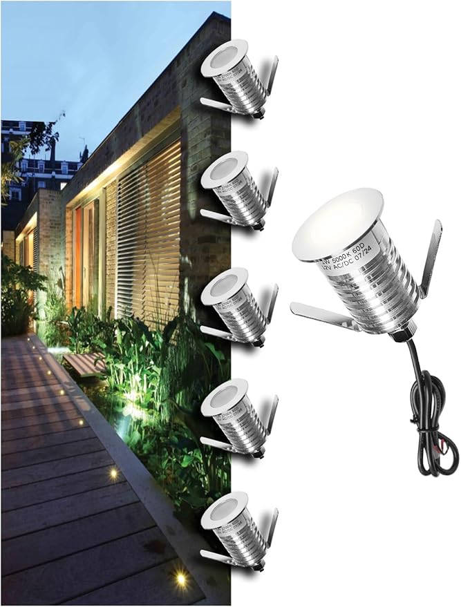 MALORY 6-Pack Recessed LED Deck Light, 1W 5000K12V Low Voltage Landscape Lighting, Outdoor Step Stair Lights,Full 304 Stainless Steel Deck Lighting for Outside Floor Yard (SG07, 6-Pack 5000K)