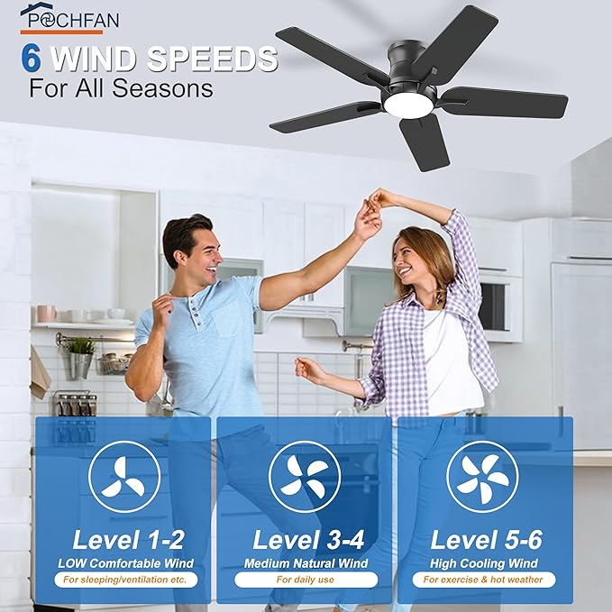 42 Inch Black Ceiling Fans with Lights and Remote, Flush Mount Low Profile Ceiling Fan for Bedroom, Living Room, Patio, Dimmable 6 Speeds Noiseless Reversible, ETL Listed