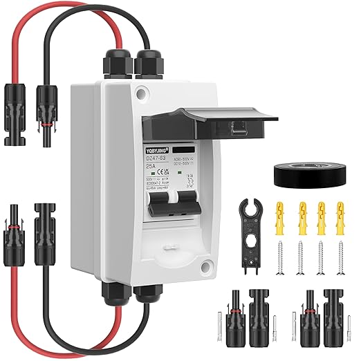 Solar Panel Disconnect Switch 25 Amp 4 Holes DC AC Miniature Circuit Breaker 500V 2 Poles with PV Connector and IP65 Waterproof UV-Proof Box for Outdoor Solar PV Homes Battery