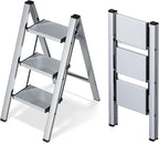 Taranta 3 Step Ladder,Aluminum Lightweight Folding 3 Step Stool with Anti-Slip Wide Pedal,330lbs Capacity Step Ladder for Household,Kitchen,Office - Silver