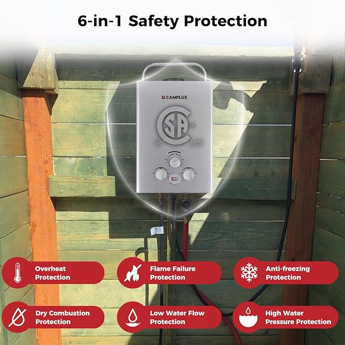 CAMPLUX Portable Water Heater 1.58 GPM, BW158G Propane Water Heater Outdoor, 41,000 BTU, Camping Shower, Easy to Install, Gray
