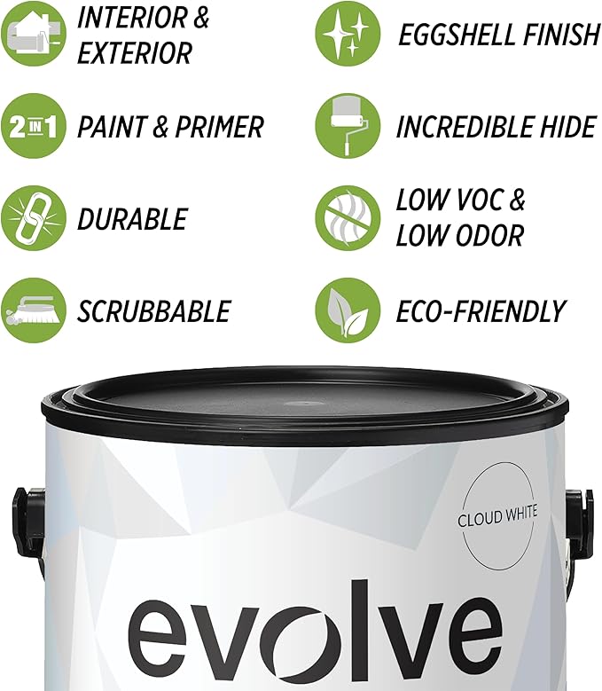 EVOLVE Paint & Primer: Environment-friendly, Eggshell with One-coat Coverage for Interior & Exterior surfaces (Cloud White, 1-Gallon)
