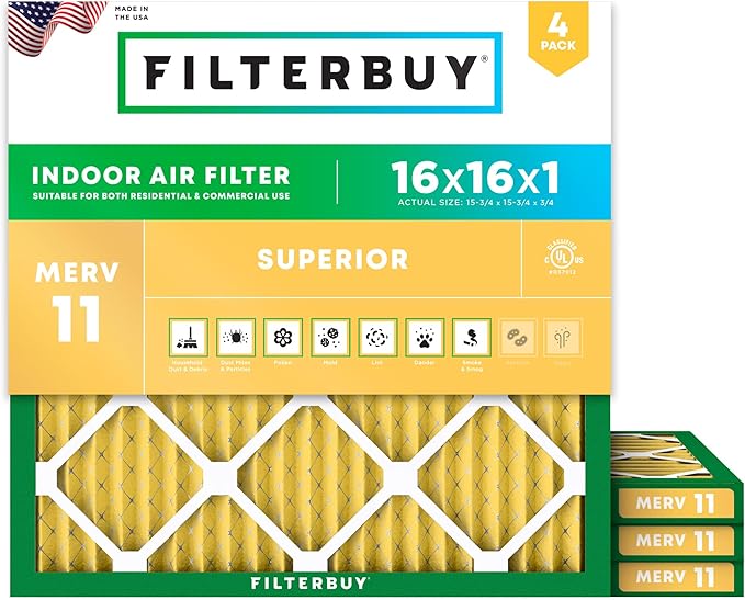 Filterbuy 16x16x1 Air Filter MERV 11 (MPR 1200) Allergen Defense Replacement (4-Pack), Electrostatic Pleated HVAC AC Furnace Filters, Made in USA (Actual Size: 15.75 x 15.75 x 0.75)
