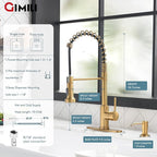 GIMILI Brushed Gold Kitchen Faucet with Soap Dispenser, Commercial Single Handle Spring Pull Out Kitchen Sink Faucets with Pull Down Sprayer