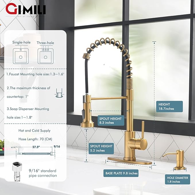 GIMILI Brushed Gold Kitchen Faucet with Soap Dispenser, Commercial Single Handle Spring Pull Out Kitchen Sink Faucets with Pull Down Sprayer