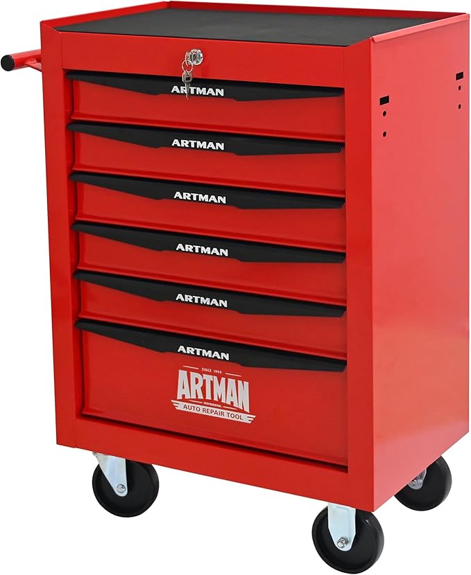 6 Drawers Rolling Tool Box on Wheels, Multifunctional Tool Chest Cabinet with Lock, Drawers Rolling Tool Cart Trolley Organizer Tool Storage Case for Warehouse,Garage,Workshop (Red)