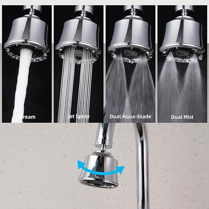 iFealClear Kitchen Sink Faucet Head with Metal Ball Joint, 360° Swivel Faucet Sprayer Head, Big Angle Sink Faucet Aerator Adapter 55/64-27UNS Female Thread, 4 Spray Modes, Extra Brass Adapters, Chrome