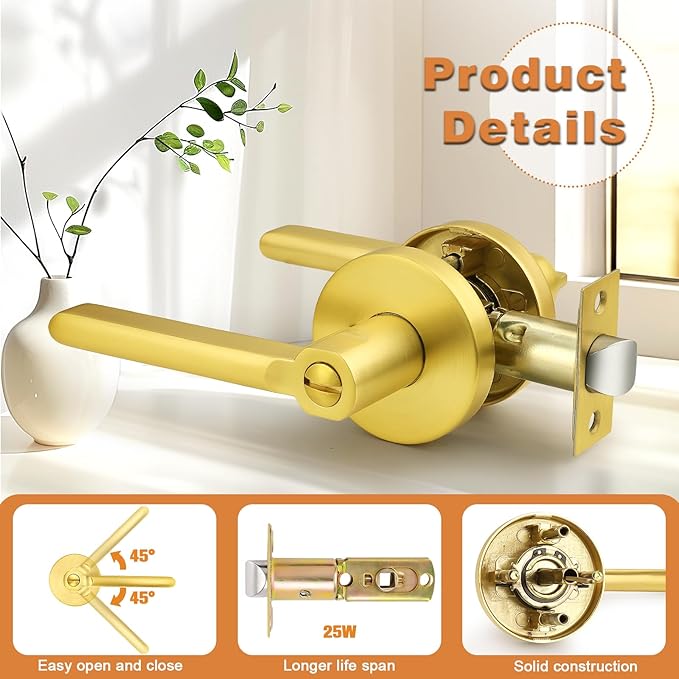 Probrico Gold Door Lever Privacy Door Handle Brushed Gold Door Handles Interior for Bed Bath, Keyless Door Handle Wave Style, 1 Pack