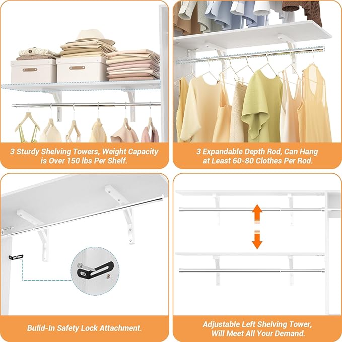 Armocity 96'' Closet System, 8FT Walk In Closet Organizer with 3 Shelving Towers, Heavy Duty Bedroom Wardrobe with 5 Shelves, Wall Mounted Clothes Rack (Can Be Cut To Fit), 96"L x 16"W x 75"H, White