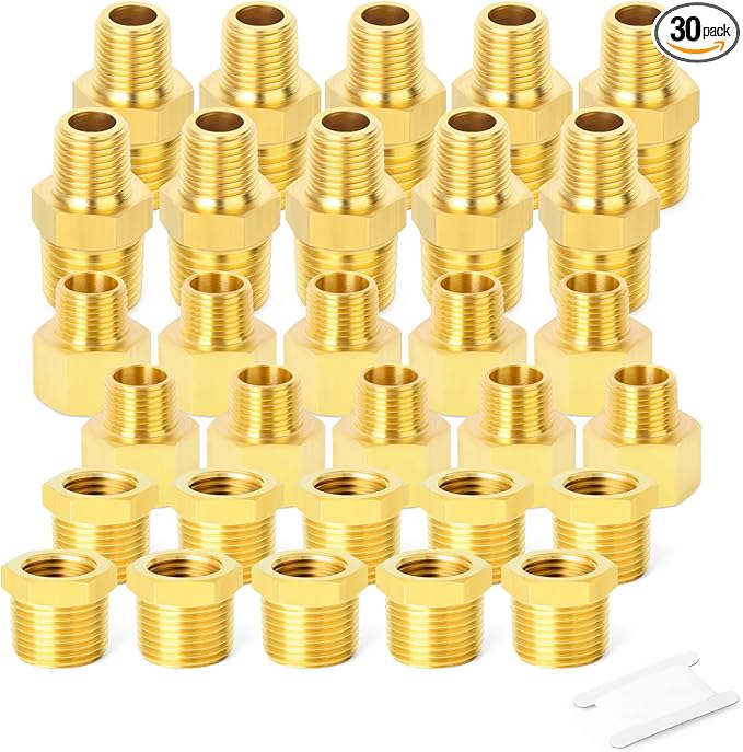GASHER 30PCS Brass Pipe Fitting, Hex Bushing, Reducer Adapter, Reducing Hex Nipple 1/2 Inch NPT x 3/8 Inch NPT