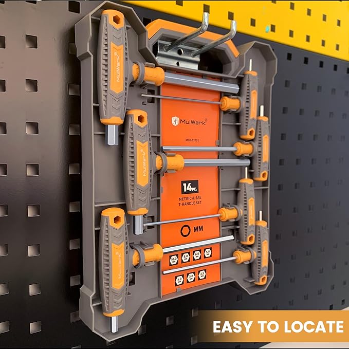 MULWARK 14 PC T-handle Allen Wrench Set Metric and Standard with T Handle Hex Key and Long Hex Driver Set |Christmas Gift|Wall-Mounted Storage Box, Clear Marking, Two-Tip Design, and Chamfered Tips