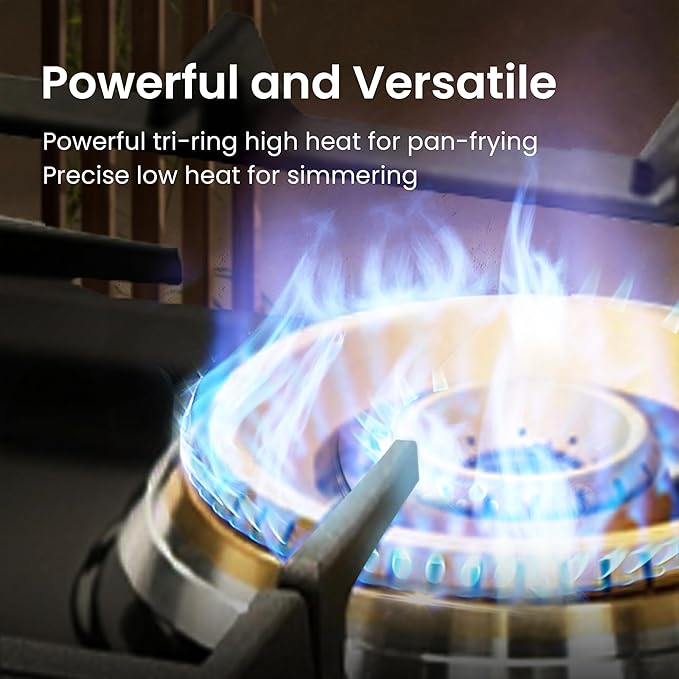 FOTILE GLG30401 30” Black Tempered Glass 4-Burner Gas Cooktop, Tri-Ring 18,000 BTUs Left Burner with Flame Failure Protection Removable Grates and Installation/LP Kit