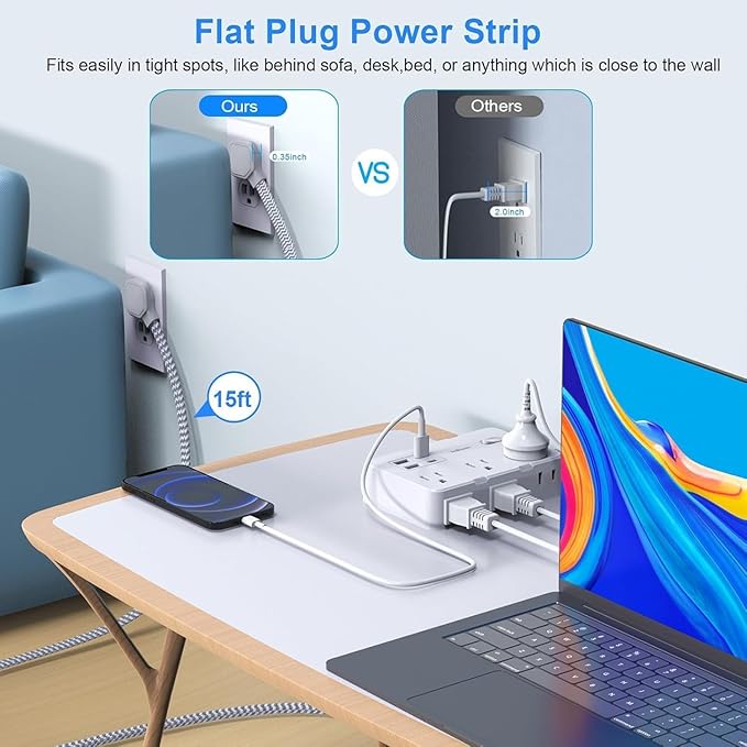 Surge Protector Power Strip, 15 Ft Cord Ultra Thin Flat Extension Cord with 6 Outlets 4 USB Ports(2 USB C), 1050J Flat Plug Power Strip for College Dorm Room Essentials