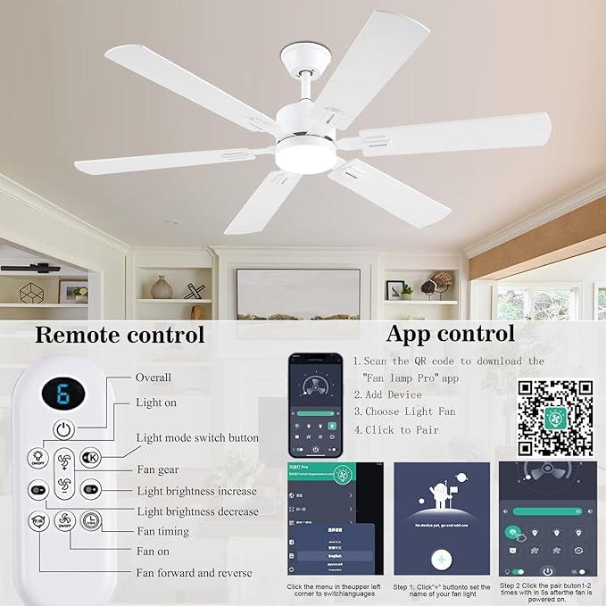 56inch Modern White Ceiling Fans with Lights and Remote/App Control, Dimmable LED, Reversible DC Motor, Noiseless, 6 Double-side Blade Low Profile Ceiling Fan for Livingroom Indoor/Outdoor Use