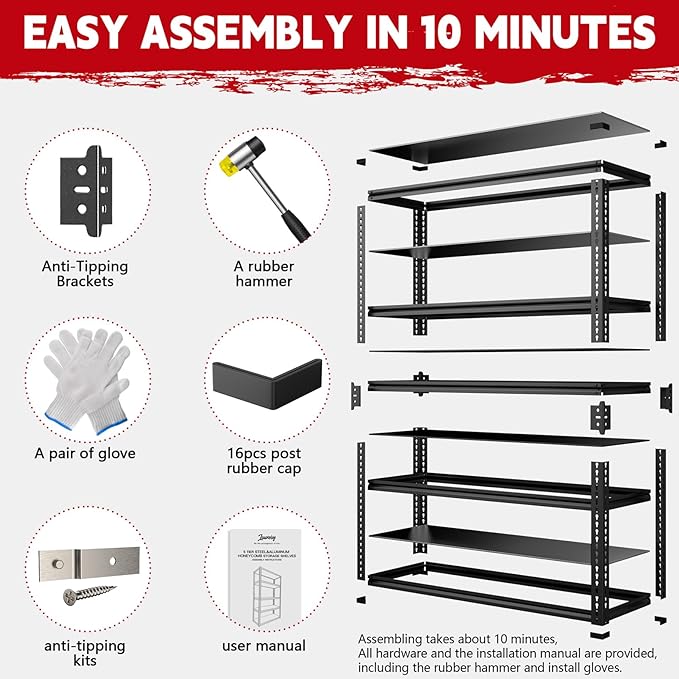 Heavy Duty Garage Shelving, 5-Tier Storage Rack 3000LBS Capacity 48" W x 72" H x 24" D, Adjustable Storage Shelves, Boltless Assembly Shelving Unit for Workshop, Basement & Garage Organizer