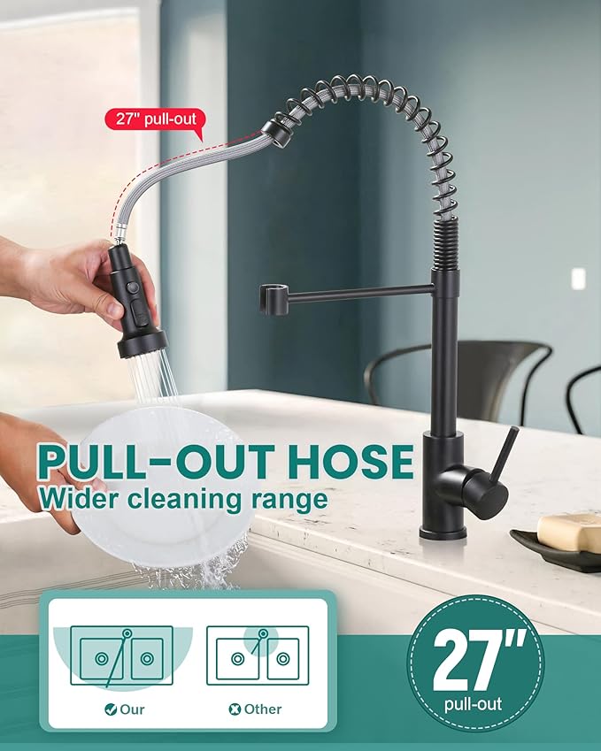 Kitchen Faucets with Pull Down Sprayer: Matte Black 3-Function Kitchen Sink Faucets for 1 or 3 Hole - Stainless Steel Single Handle Spring Kitchen Faucets with Deck Plate for Farmhouse RV Laundry