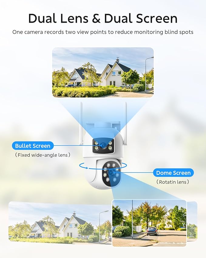 Dual Lens Security Cameras Wireless Outdoor, 2K Full HD Video, 360° View Pan/Tilt Home Security Camera with Color Night Vision, PIR Alarm, 2.4G/5G WiFi, Auto Tracking, 2-Way Audio, Easy to Install