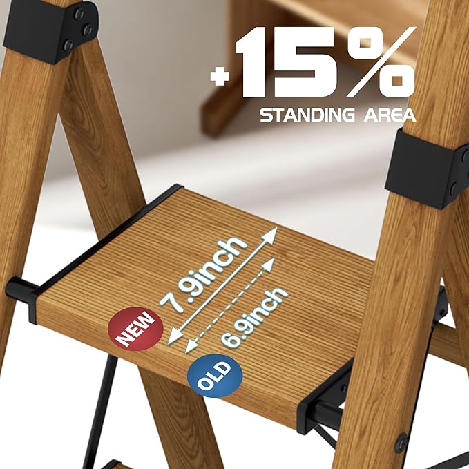 5 Step Step Ladder,Lightweight Folding Step Stool with Anti-Slip Aluminum Wide Pedal&Convenient Handgrip,Steel Ladder for Household and Office(Woodgrain)