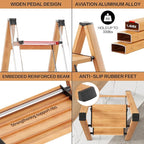 GameGem 2 Step Ladder, Aluminum Folding Step Stool with Anti-Slip Sturdy and Wide Pedal, Lightweight Portable Multi-Use Stepladder for Home and Kitchen Use Space Saving, Woodgrain, 330 lbs