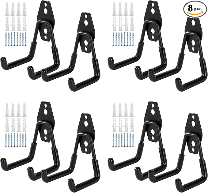 8 Pack Garage Hooks, Garage Tool Organizer Wall Mount, Heavy Duty for Utility Organizer, Steel Utility Garage Hooks for Ladders, Garden Tools, Bike