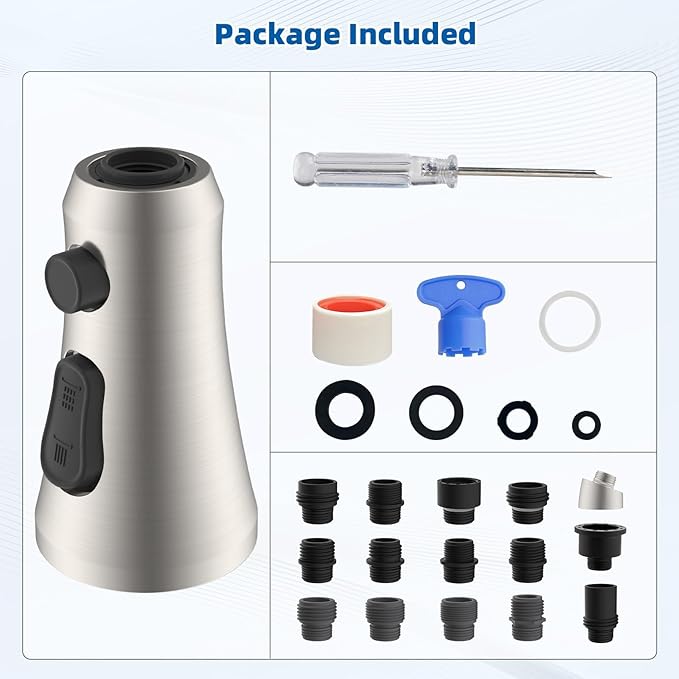 Hibbent Pull Down Spray Head for Kitchen Faucet, 3-Function Spray Nozzle with 15 Adapters, Straight Sink Faucet Head Replacement Compatible with Moen, Delta, Kohler, American Standard, Brushed Nickel