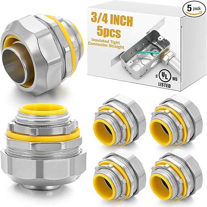 Gisafai 5 pcs Liquid Tight Connector Straight Insulated Zinc Die Cast Metal Tight Electrical Conduit Fittings for 3/4 inch Flexible and Type B Flexible